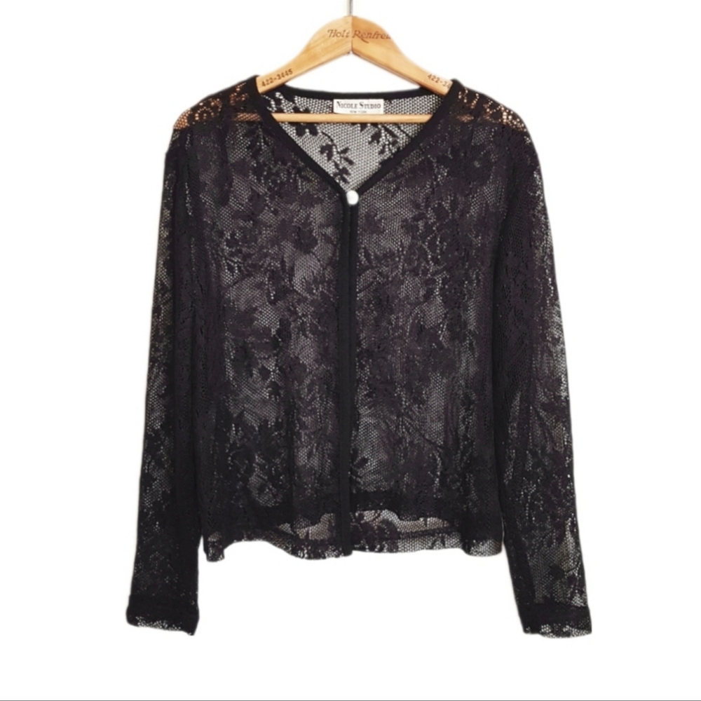 Vtg Black Sheer Floral Lace Cardigan